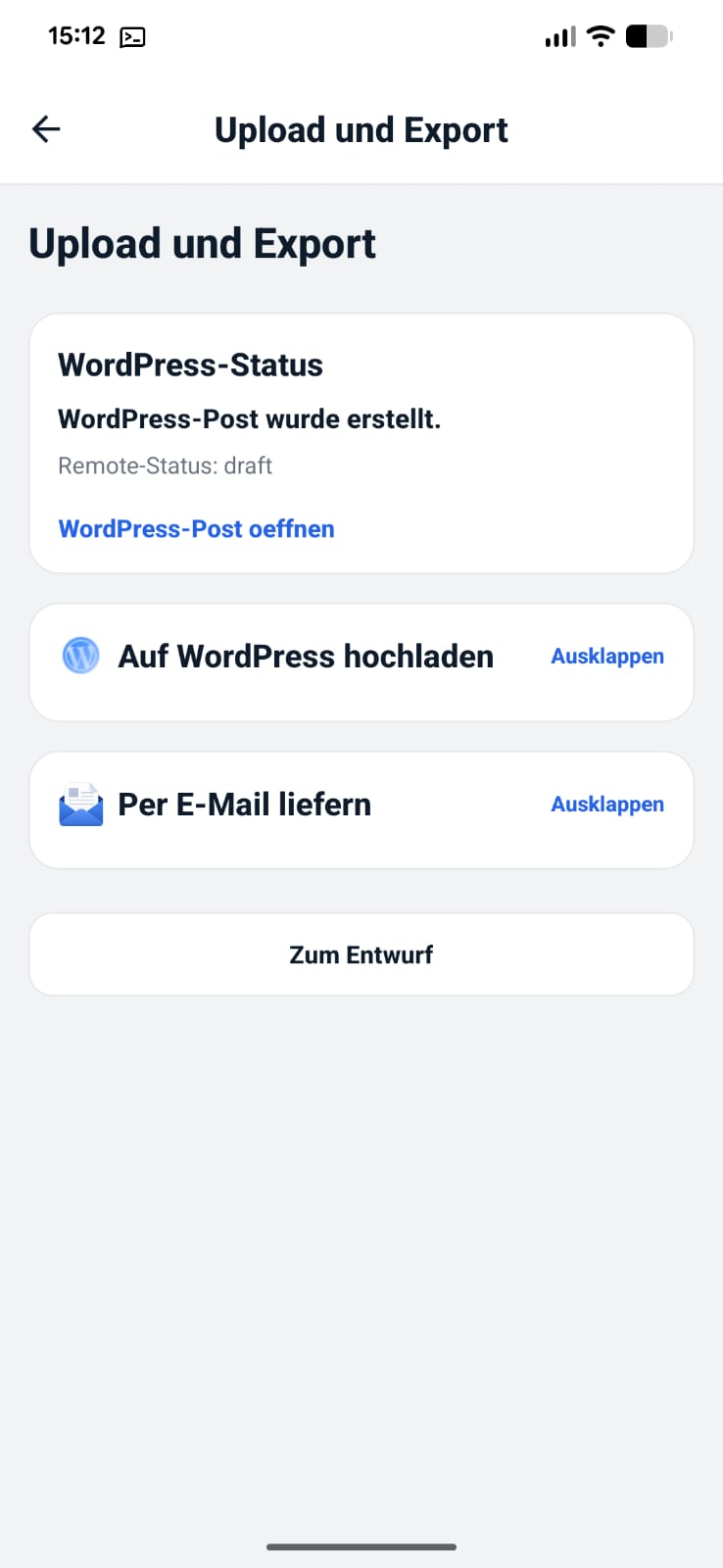 GUtheApp Screen: Hochladen oder exportieren