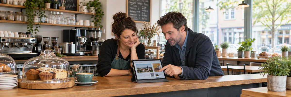 Symbolbild: Gemeinsamer Blick auf eine lokale Onlinezeitung und eine Anzeige im Café.